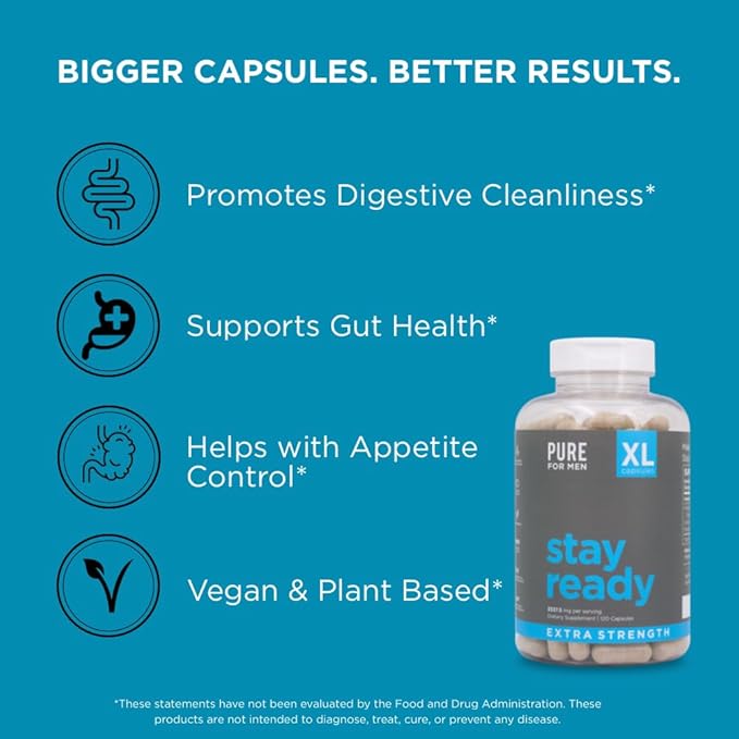 Pure for Men Stay Ready Fiber Extra Strength Supplement | Digestive Regularity | Bowel Movement & Gut Health Support | Vegan Cleanliness | Proprietary Formula | 120 Vegan XL Capsules