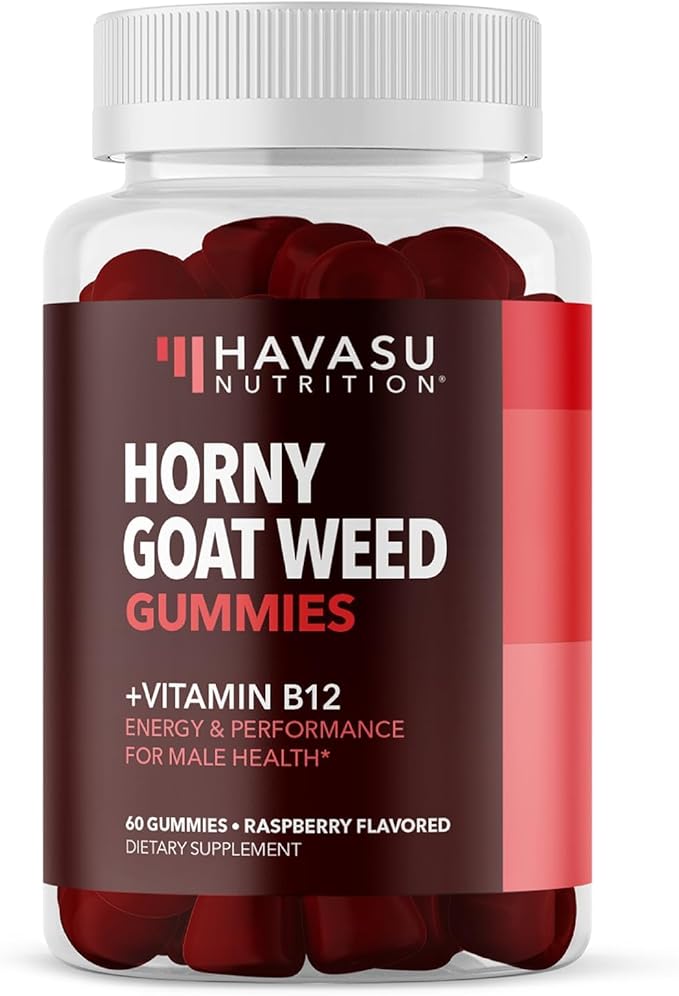 Horny Goat Weed Gummies with Vitamin B12 - Energy, Endurance & Performance Support for Men and Women - Enhanced with B12 Vitamins for Mood & Male Health Support - 60 Raspberry Vegan Gummies