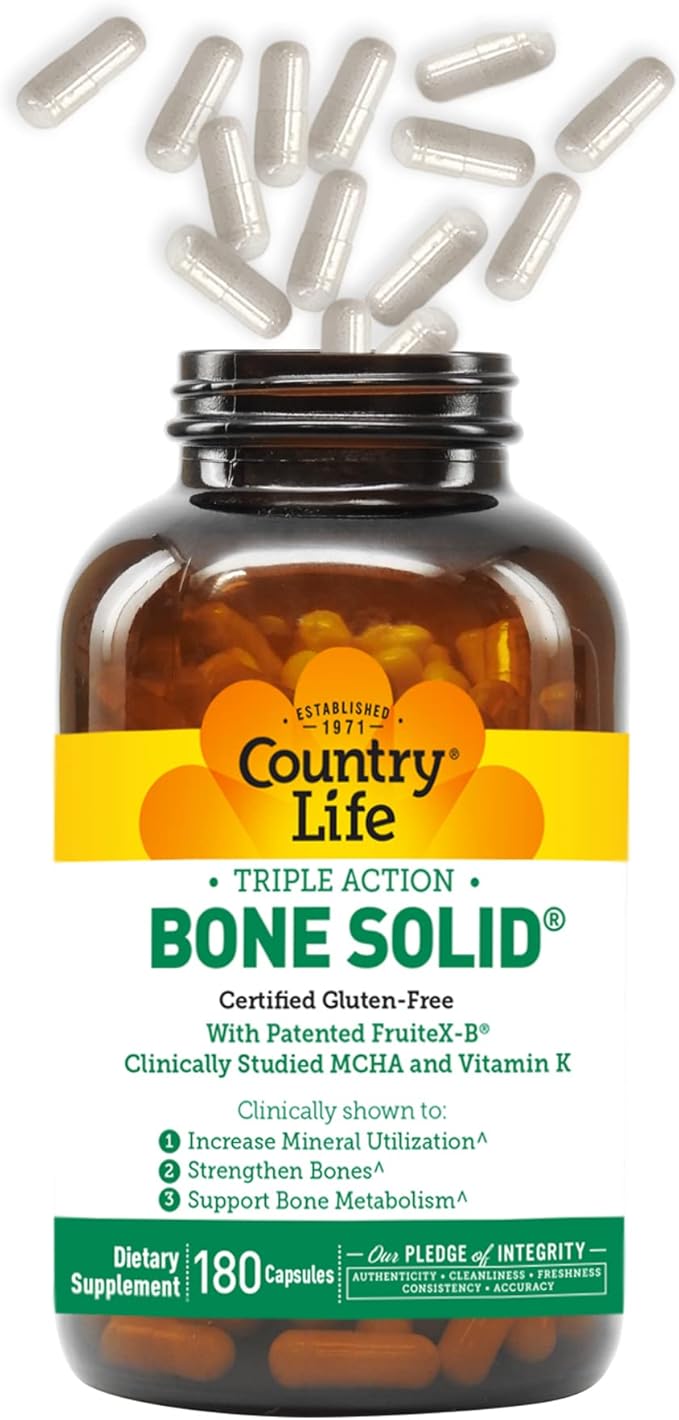 Country Life Bone Solid - Bone Health Supplement with Microcrystalline Hydroxyapatite (MCHA), Calcium, Magnesium, Zinc, Vitamins K2 & D3 for Enhanced Bone Strength & Metabolism - 180 Capsules