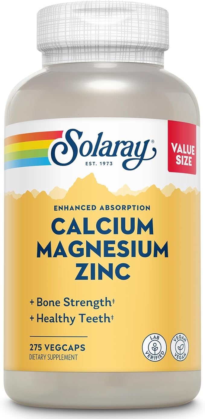 SOLARAY Calcium Magnesium Zinc Supplement 1000mg, Magnesium 500mg - 60 Day 68 Servings, 275 VegCaps