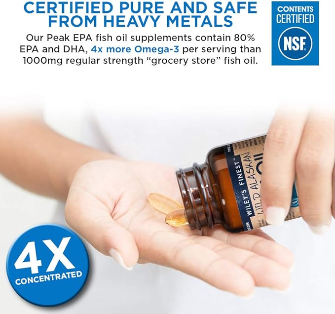 Wiley's Finest Wild Alaskan Fish Oil 1000mg Omega-3s, Omega-3s, SQF-Certified 120 Softgels (120 Servings)
