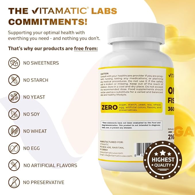 Vitamatic Triple Strength Omega 3 Fish 3600mg Per 2160mg Omega 3 Fatty 1296mg EPA 864mg DHA, 180 Softgels