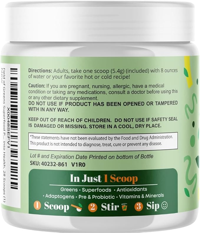 Field of Greens Superfood Powder with Organic Spirulina, Chlorella, Beet Root Powder - Bacillus Coagulans Probiotic, A Plant-Based Mix Supporting Gut Health, Immunity, Bloom into Health, 28 Scoops (1)