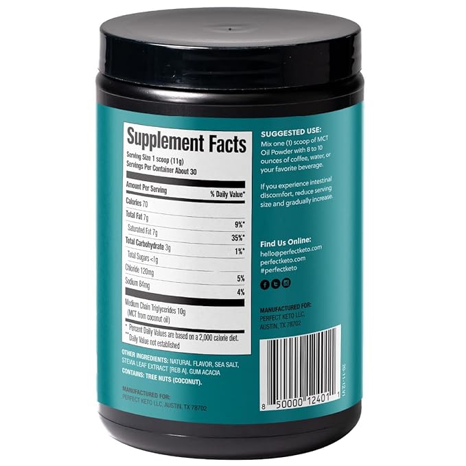 Perfect Keto 7g MCT Oil Powder, Medium Chain Triglycerides Supplement, Non Dairy Coffee Creamer for Keto Diet, Ketogenic MCT Oil Mix for Coffee, Smoothie, Protein Shakes, Salted Caramel, 30 Servings