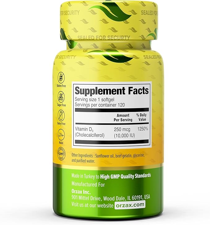 ORZAX Vitamin D3 10000 iu (250 mcg) 1 Year (120 Softgel)