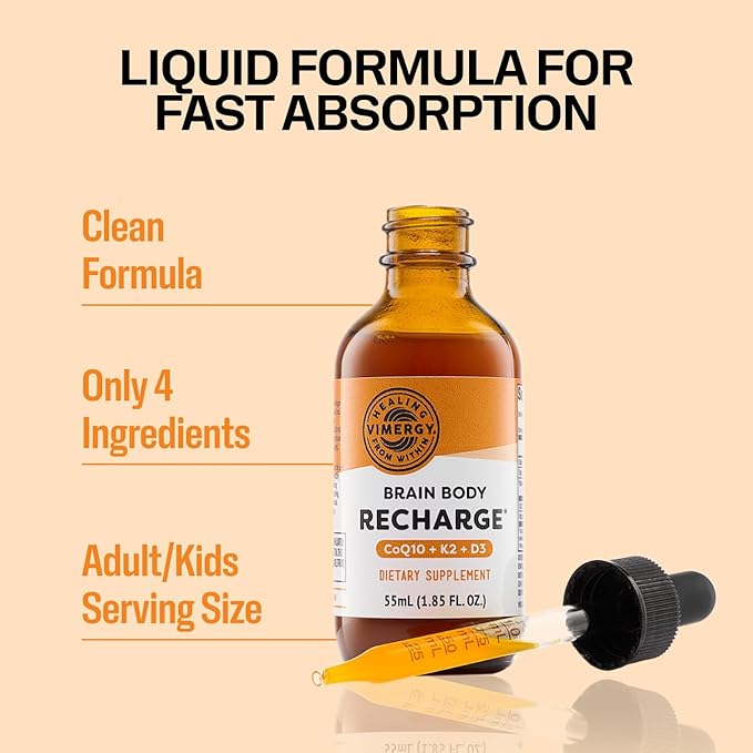 Vimergy Brain Body Recharge - Liquid Coq10 with Vitamin D3 & K2 (Coenzyme Q10 45mg, D3 1000IU, K2 180mcg) Co q 10 Supplement for Women, Men & Kids - Fights Fatigue – 55mL