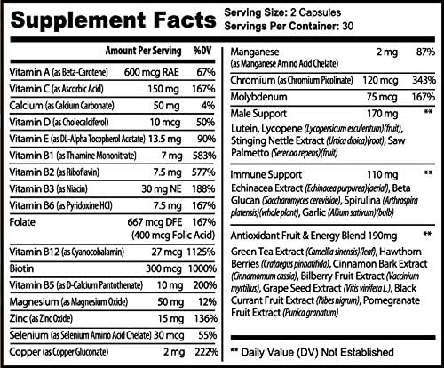 Men's Multivitamin Supplement for Energy, Focus B12, Zinc, 60 Capsules
