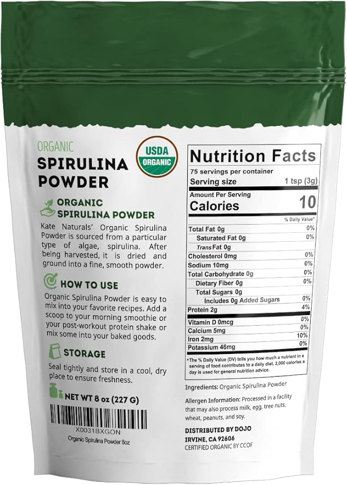 Kate Naturals Organic Spirulina Powder for Immune Support and Antioxidants. Nutrient Dense Superfood Supplement (8 oz, USDA Certified, Non-GMO, Gluten- Free)