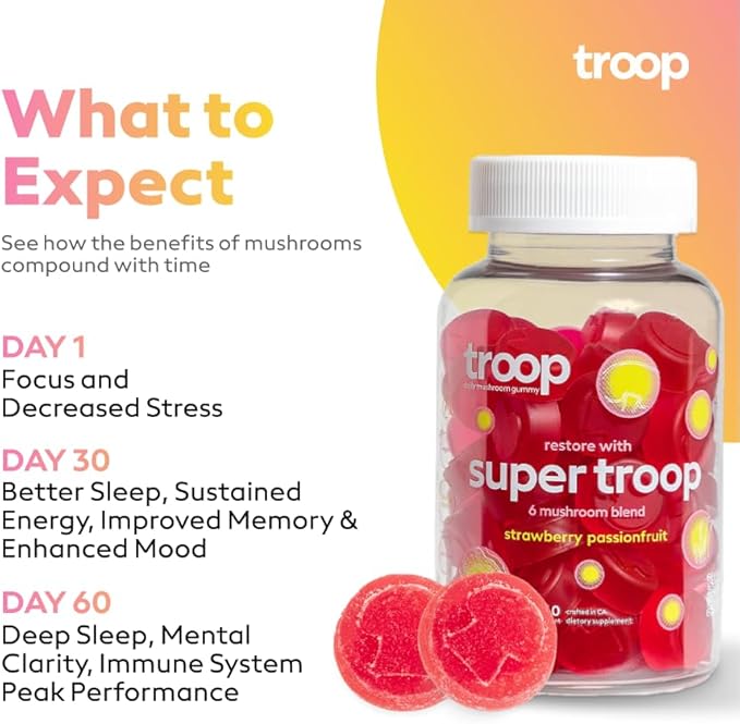 Troop Daily Super 6 Mushroom Blend for Immunity, Vitality, Mood, Balance, Gut Health, Energy - Restorative Supplement with Triple Extracted Fruit Body Blend - Vegan, Delicious Gummies, 60 Count