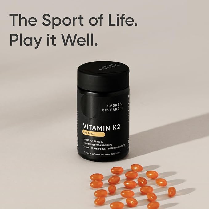Sports Research® Vitamin K2 as MK7 (45mcg) - Vegan K2 from Chickpea with Coconut MCT Oil - Supports Bone & Heath Health - Vegan Certified, Gluten & Soy Free - 60 Veggie Softgels