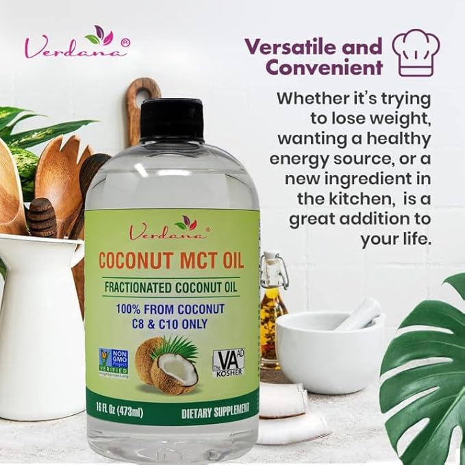 Verdana Coconut MCT Oil, Fractionated, Genuine 100% Coconut Derived, Kosher Food Grade, Vegan, Non-GMO, Great for Keto and Paleo Diet, Ayurvedic Oil Pulling Oral Rinse Mouthwash (16 Fl Oz)