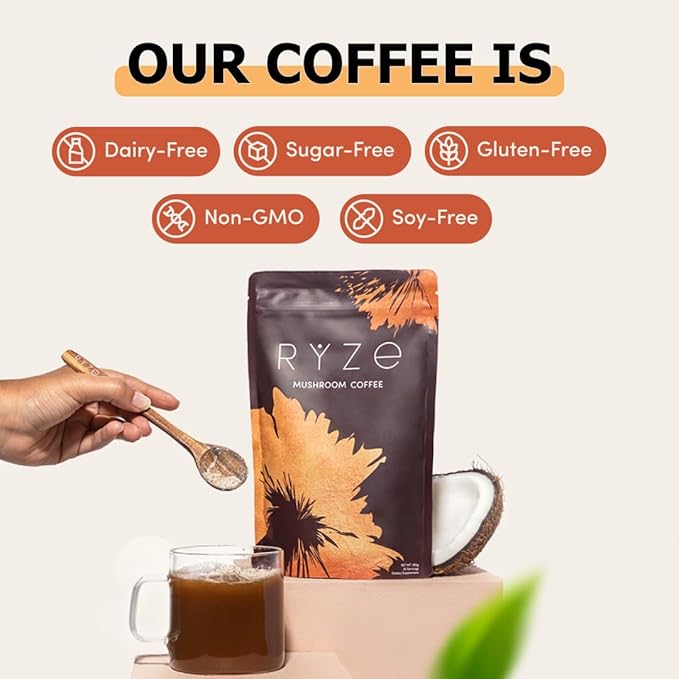 RYZE Mushroom Coffee | 6 Adaptogenic Mushrooms | USDA Organic | Instant Coffee | MCT Oil | USA Grown | Better Energy, Focus, Digestion, Immunity | Cordyceps, Lion’s Mane, Turkey Tail | 30 serving