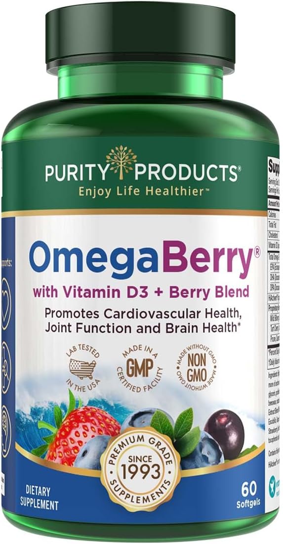 Purity Products OmegaBerry Fish Oil D3 and 1250mg Concentrated Omega-3 Fish 500mg DHA 650mg EPA 60 Soft 30 Day