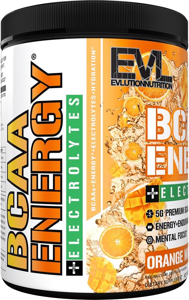 EVL BCAAs Amino Acids Powder - BCAA Energy Pre Workout Powder for Muscle Recovery Lean Growth and Endurance - Rehydrating BCAA Powder Post Workout Recovery Drink with 6 Key Electrolytes - Orange Mango