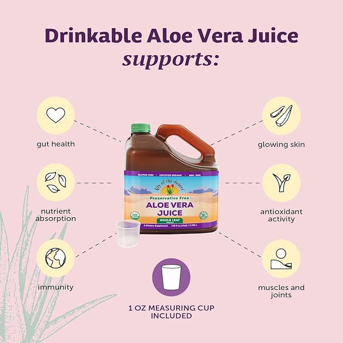 Lily of the Desert Aloe Vera Juice Preservative Free, Whole Leaf Filtered Aloe Vera Drink 128 Fl Oz with Cup