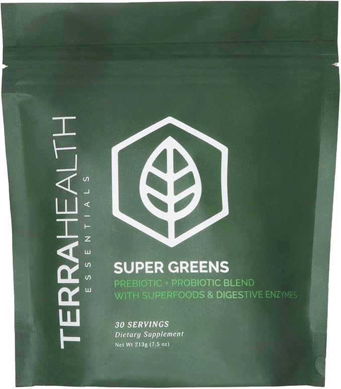 Terra Health Essentials® Super Greens | Organic Superfood Greens Powder | Gluten-Free Gut-Friendly Probiotics | 30 Servings