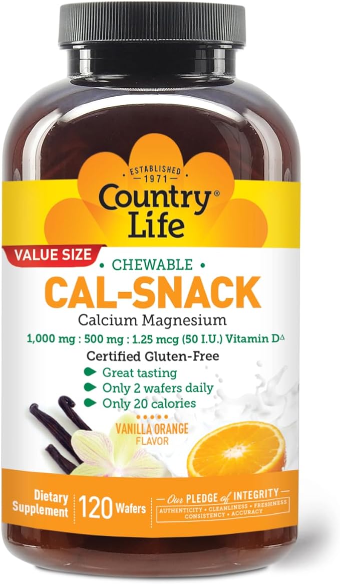 Country Life Cal-Snack - Chewable Calcium Magnesium Supplement wafers with Vitamin D3, Easy to Digest, Vanilla Orange Flavor, Dietary Supplement