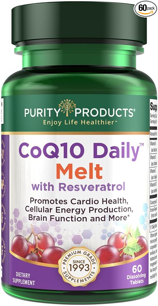 Purity Products CoQ10 Daily with Resveratrol 100mg CoQ10-30mg CoQ10-30mg Trans-Resveratrol D3, E, B12 (as 60 Fast