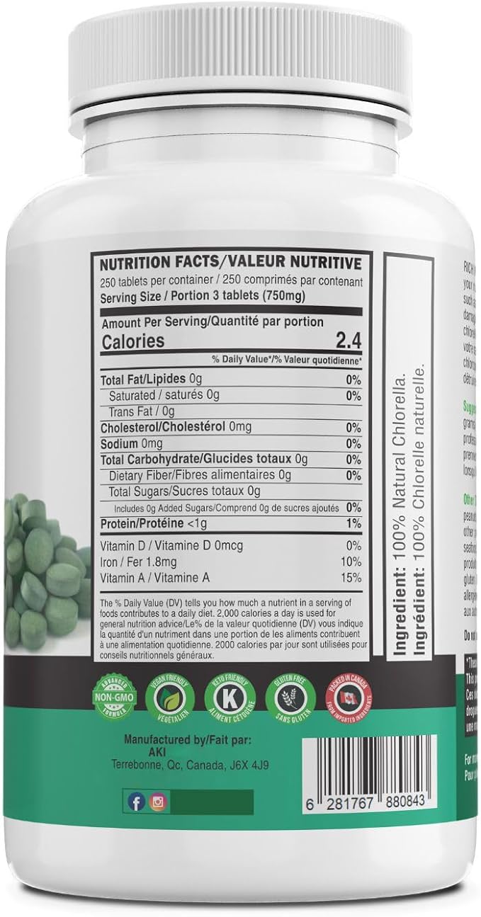 AKI Chlorella Superfood Supplement Tablets (250) B12, Iron,