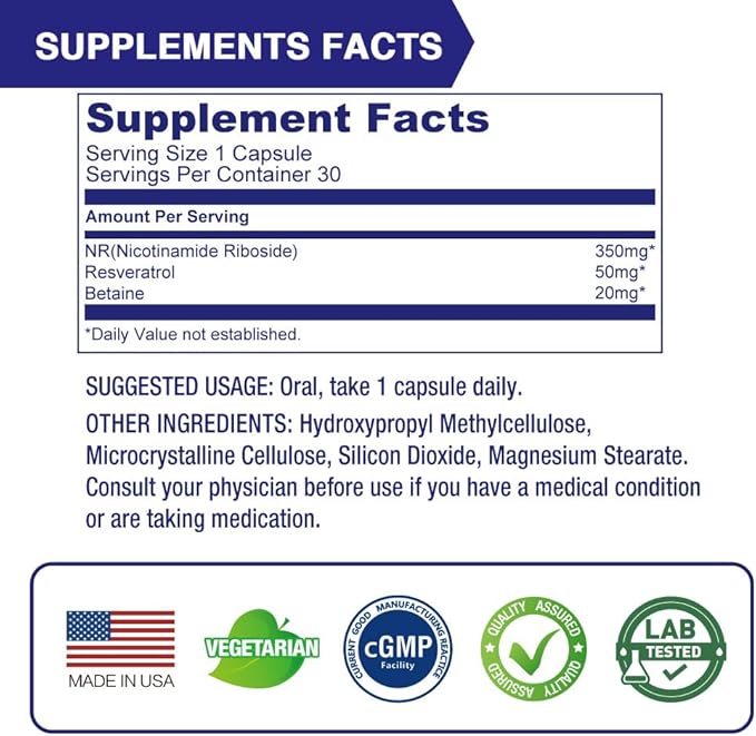 Lovita NR (Nicotinamide Riboside) 350 mg, NAD Supplement with Trans-Resveratrol and Betaine, Promote NAD Plus Levels, Healthy Aging, 30 Vegan Enteric-Coated Capsules (Pack of 3)