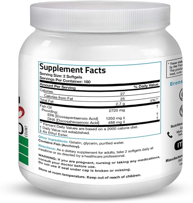 Bronson Omega 3 Fish Oil Triple 2720 mg, 1250 mg 488 mg, 360 Softgels