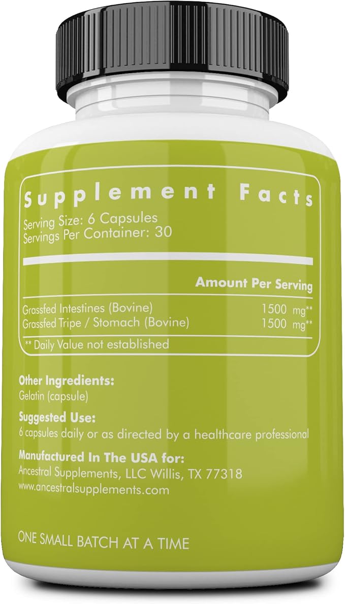 Ancestral Supplements Grass Fed Beef Intestines 3000mg, Digestion 180 Capsules