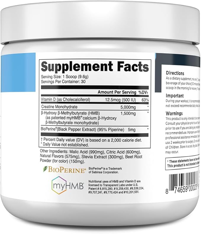 Transparent Labs Creatine HMB - Creatine Monohydrate Powder with HMB for Muscle Growth, Increased Strength, Enhanced Energy Output, and Improved Athletic Performance - 30 Servings, Tropical Punch