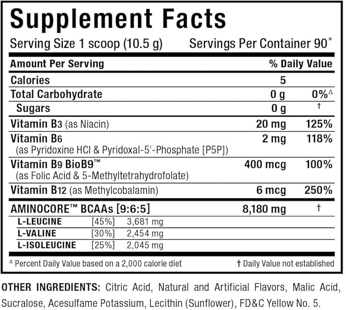 ALLMAX AMINOCORE BCAA, Pineapple Mango - 945 g Powder - 8.18 Grams of BCAAs Per Serving - with B Vitamins - No Fillers or Non-BCAA Aminos - Sugar Free - 90 Servings