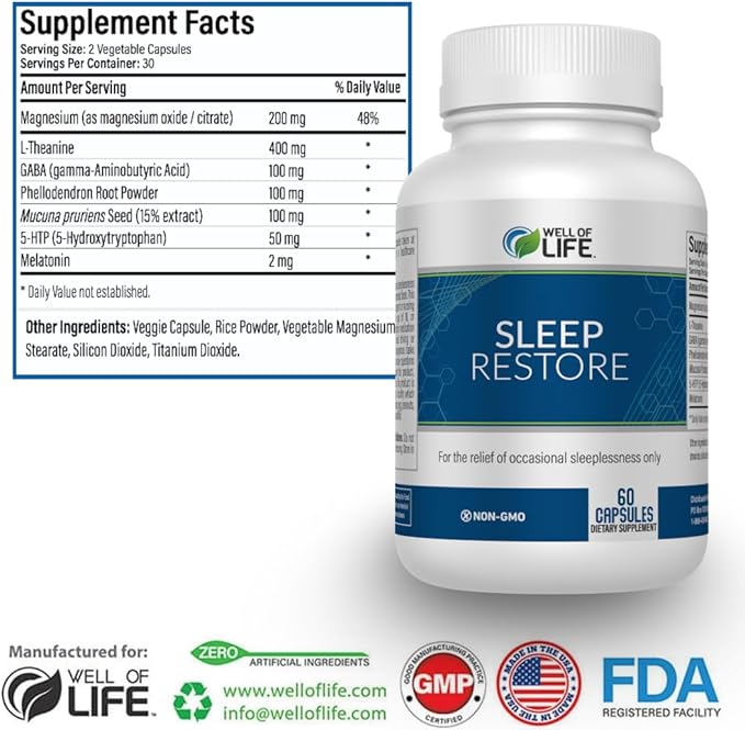 Sleep Restore - Tranquil Sleep Formula 5-HTP, Magnesium, 60 Veg