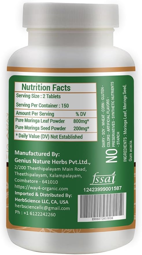 Moringa Oleifera Leaf and Seed Powder (80:20) Ratio 300 Pills(Tablets), 150 Servings, 1000 mg. 2.