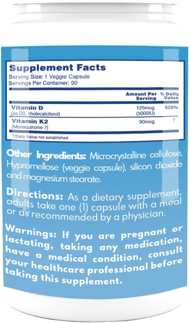 VAL Essentials Vitamin K2 + D3 Supplement 5000 IU D3 & 90 mcg K2 MK-7, MK-7, Non-GMO, 90 Vegetarian