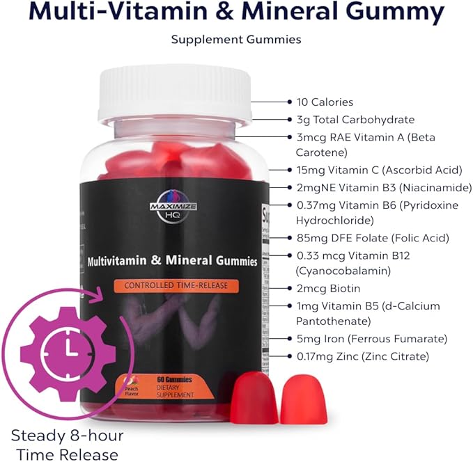 Multi-Vitamin & Mineral Gummies - All Essential Vitamins & Minerals - Time-Release Formula - Fruit Juice Extract - Gluten Free
