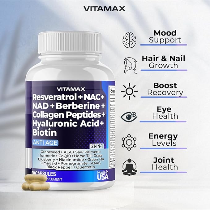 Vitamax Resveratrol NAD+ Berberine Hyaluronic Acid 21-in-1 Women 120 Count