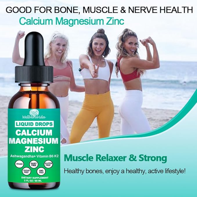 Calcium Magnesium Zinc Liquid Drops with Vitamin D3 K2, High Potency Calcium Magnesium Supplement w/Magnesium Complex, Zinc, Theanine丨Gluten Free丨 for Immune, Bone,Muscle, Mood & Sleep Support