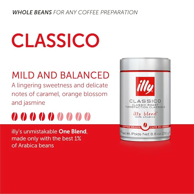 illy Whole Bean Coffee - Perfectly Roasted Whole Coffee Beans – Classico Medium Roast - with Notes of Caramel, Orange Blossom & Jasmine - 100% Arabica Coffee - No Preservatives – 8.8 Ounce, 6 Pack