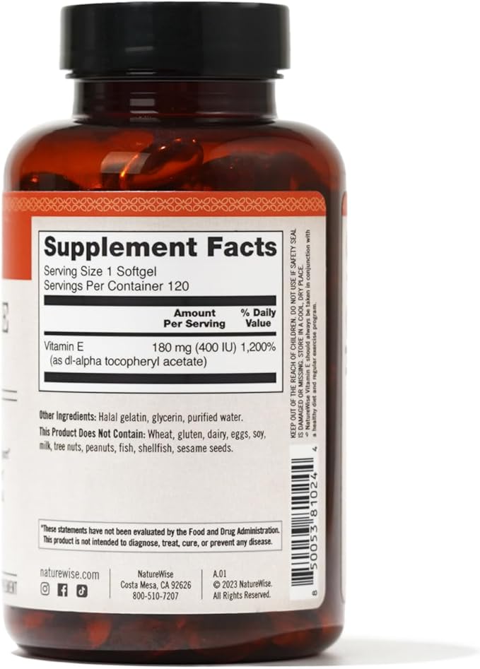 NatureWise Vitamin E 400 IU Softgels (180mg DL-Alpha) 4-Month Supply, 120 Count