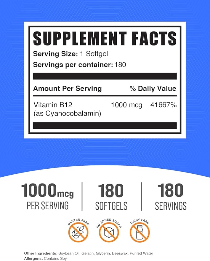 BulkSupplements.com Vitamin B12 1000 mcg Softgels B12 Supplement 1 Softgel 180 Count 1)