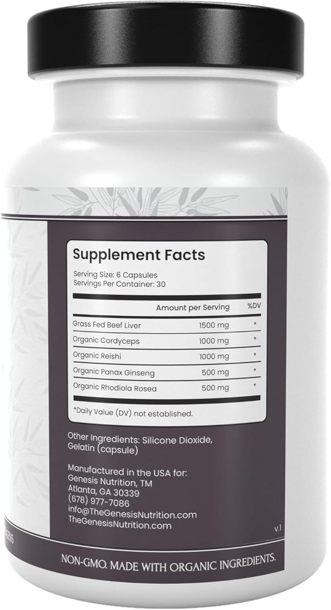 Grass Fed Beef Liver with Reishi 4500mg Iron, B12, Energy, 180 Capsules