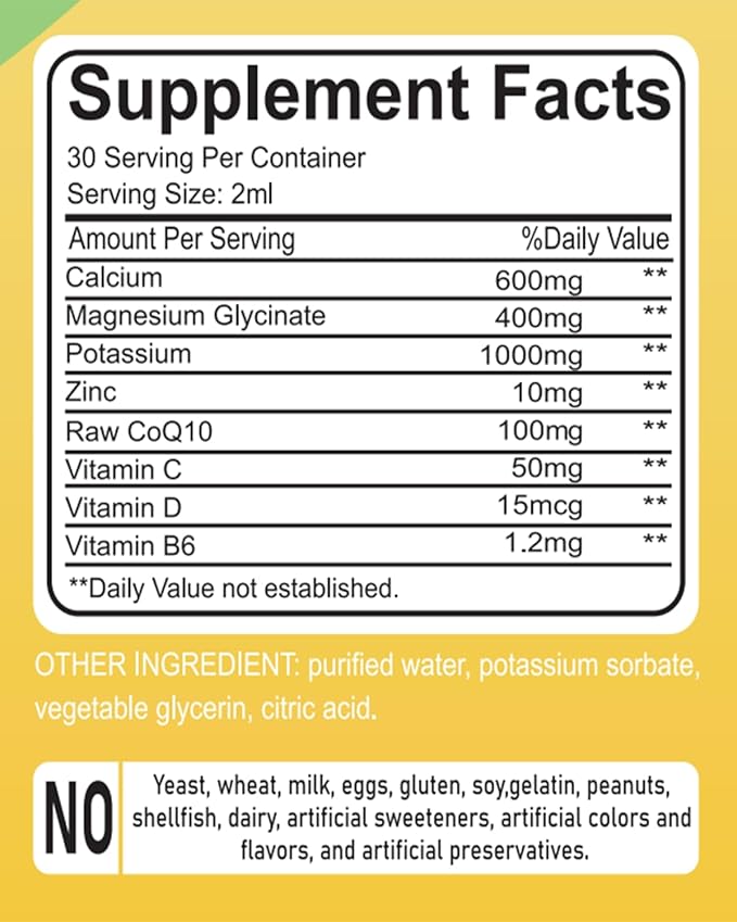 Calcium Magnesium Potassium Supplement Liquid,400mg Magnesium Glycinate,600mg Calcium (60ml/Lemon Flavor)
