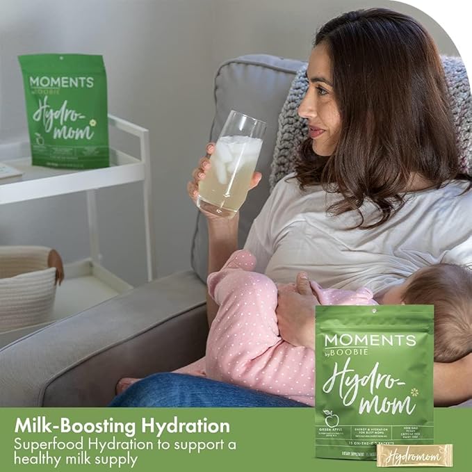 Boobie Hydromom Superfood Electrolyte Drink Mix, Green Apple | Refreshing Energy & Hydration Boost for Mamas | On-The-Go & Travel Essentials for Pregnancy, Lactation, & Beyond, 10 Packets