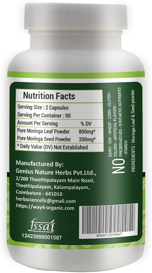 Moringa Oleifera Leaf and Seed Powder (80:20) Ratio 180 Capsules, 90 Servings, 1000 mg. 1.