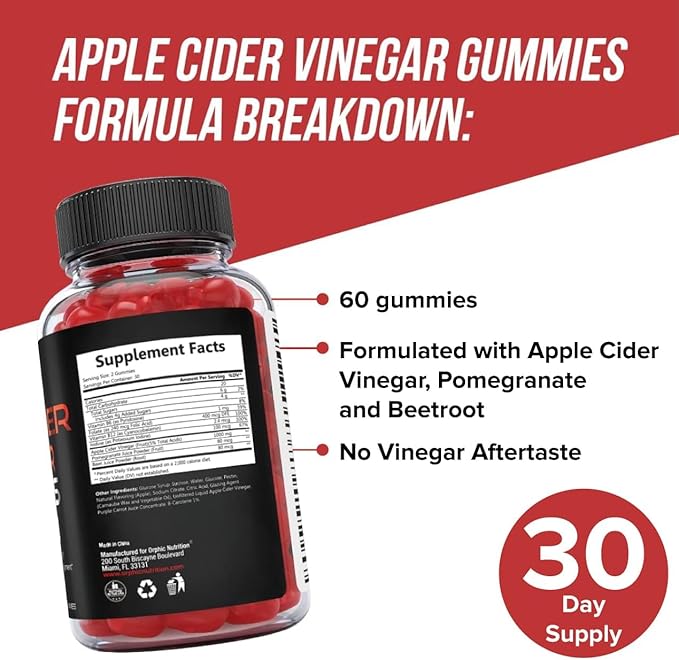 Apple Cider Vinegar Gummies - 1000mg - Formulated to Support Normal Energy Levels & Gut Health - Supports Digestion, Detox & Cleansing - ACV Gummies W/VIT B12, Beetroot (60 Count)