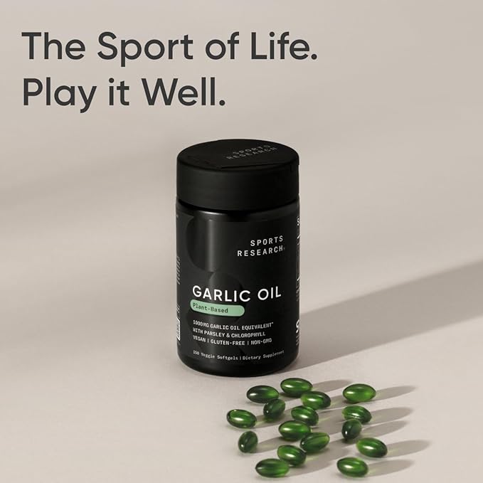 Sports Research Odorless Garlic Oil Pills (1000mg) with Parsley & Chlorophyll - Non-GMO Verified, Vegan Certified & Gluten Free - 150 Plantgel Capsules