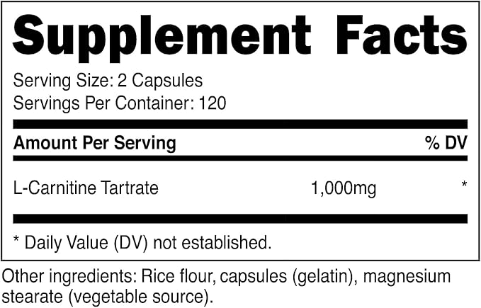 Nutricost L-Carnitine Tartrate 500mg, 240 Capsules - 1000mg Per Serving (3 Bottles)