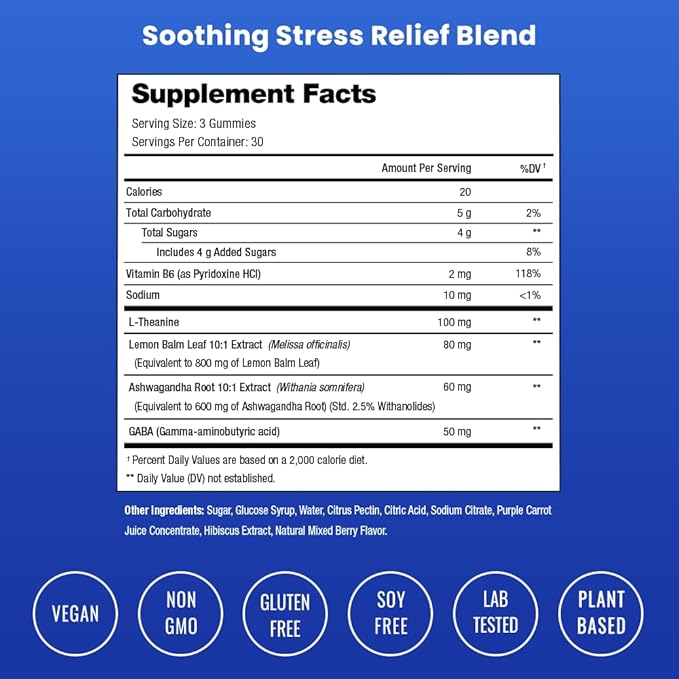 Calm Gummies | Stress Gummies Supplement with Ashwagandha, L-Theanine, GABA, Vitamin B6 & Lemon Balm | Supports Mood, Focus & Stress Relief | Vegan & Non-GMO | Natural Berry | 90 Gummies (2 Pack)