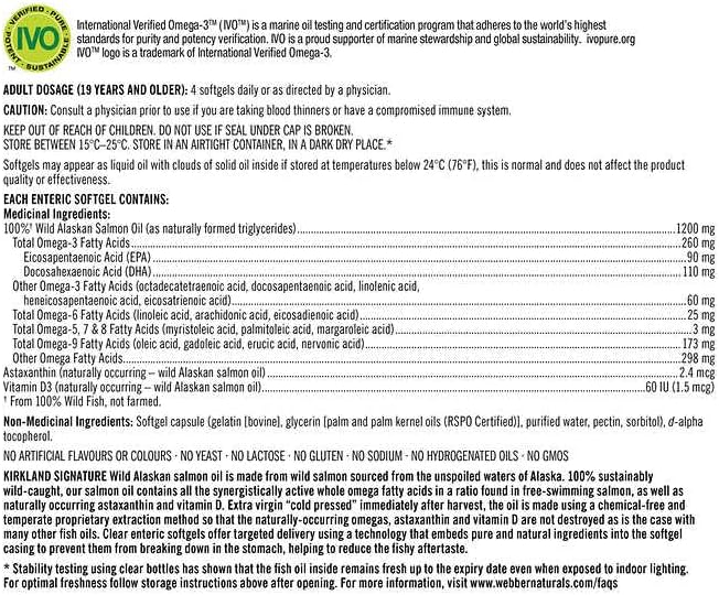 Kirkland Signature 100% Wild Alaskan Salmon 90 EPA 110 DHA 1200mg - 320 Enteric