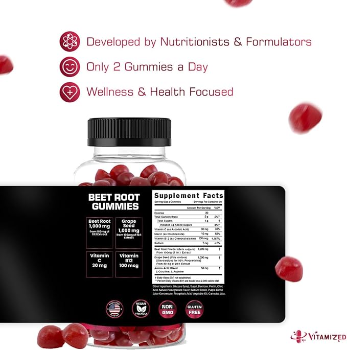 Beet Root Gummies - Super Nitric Oxide Beets Supplement - Red Beetroot Heart Chews with Grape Seed Power & B12- Pomegranate Flavor, 60 Chewables Beets