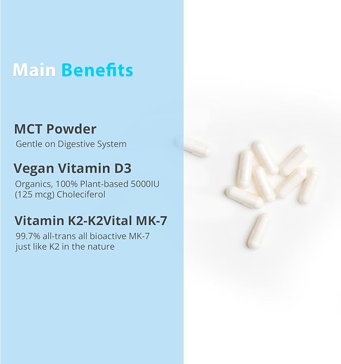 Vitamin D3 K2 with MCT, 5000 D3 & 100 mcg MK7 K2, K2, Support 60 Capsules (60 Days