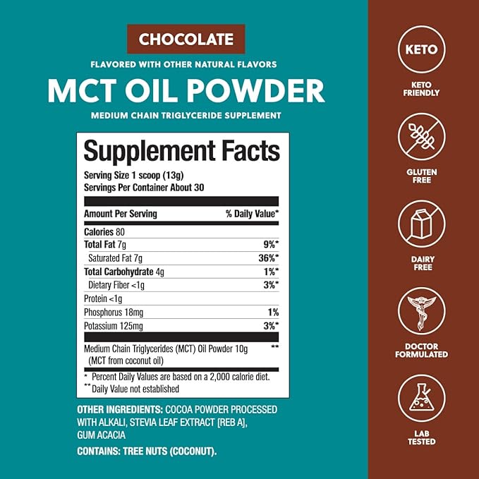 Perfect Keto 7g MCT Oil Powder, Medium Chain Triglycerides Supplement, Non Dairy Coffee Creamer for Keto Diet, Ketogenic MCT Oil Mix for Coffee, Smoothie, Protein Shakes, Chocolate, 30 Servings