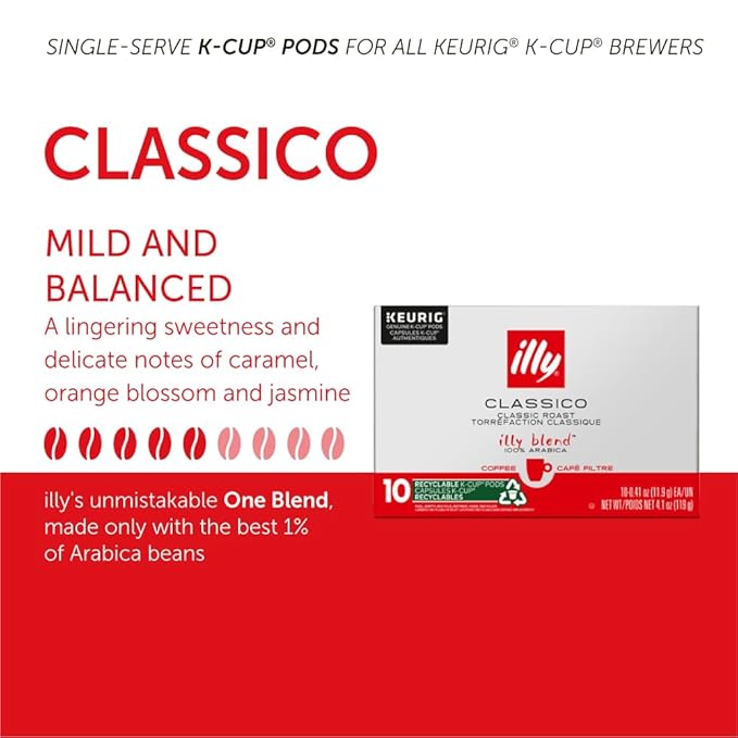 Illy Coffee K Cups - Coffee Pods For Keurig Coffee Maker – Classico Roast - Caramel, Orange Blossom & Jasmine - Mild, Flavorful & Balanced Flavor Pods of Coffee - No Preservatives – 20 Count, 4 Pack